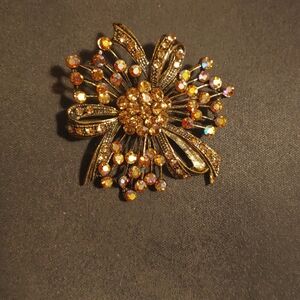 Vintage 80s Gold Tone Marcasite Rhinestone Floral Brooch Pin